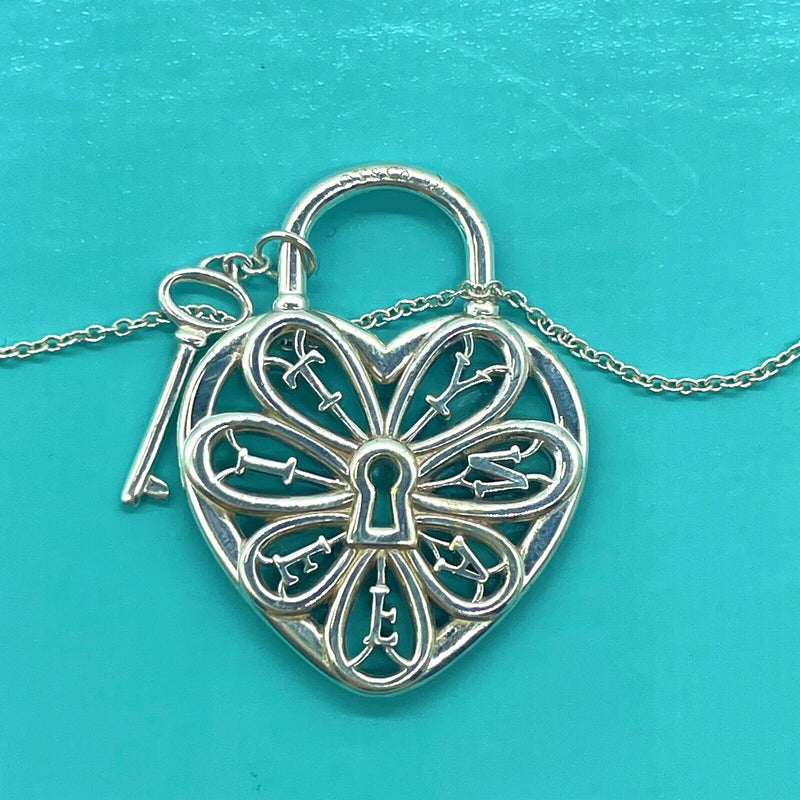 Tiffany & Co. Large Filigree Key Heart Pendant Necklace Sterling Silver