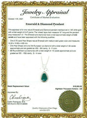 Emerald and Diamond Tear Drop Pendant Necklace 5.02 tcw 14kt White Gold
