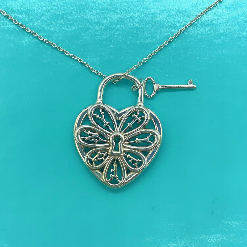 Tiffany & Co. Large Filigree Key Heart Pendant Necklace Sterling Silver
