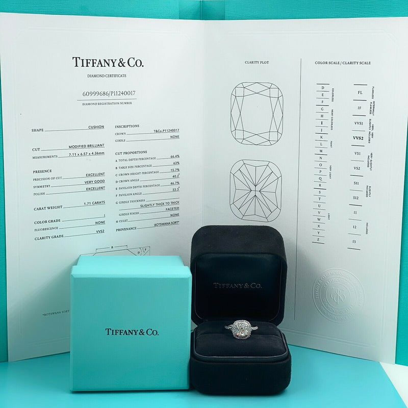 Tiffany & Co Soleste Cushion Diamond Engagement Ring 2.21 tcw Plat Certificate