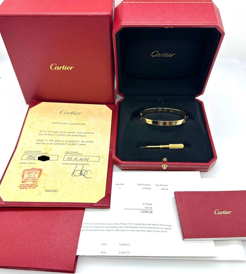 Cartier  Love Bangle Bracelet Size 17 in  18kt Yellow Gold COA Receipt Boxes