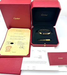 Cartier  Love Bangle Bracelet Size 17 in  18kt Yellow Gold COA Receipt Boxes