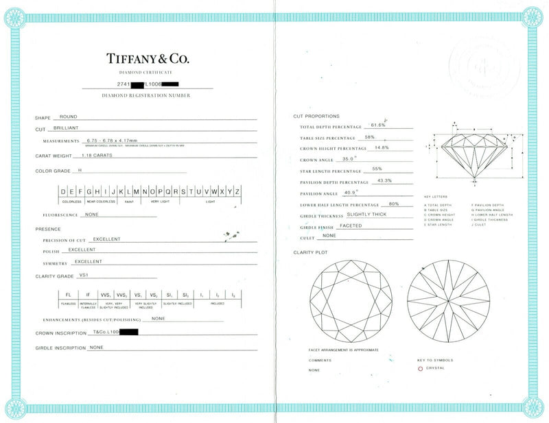 Tiffany & Co Platinum Round Diamond 1.18 cts H VS1 Solitaire Engagement Ring