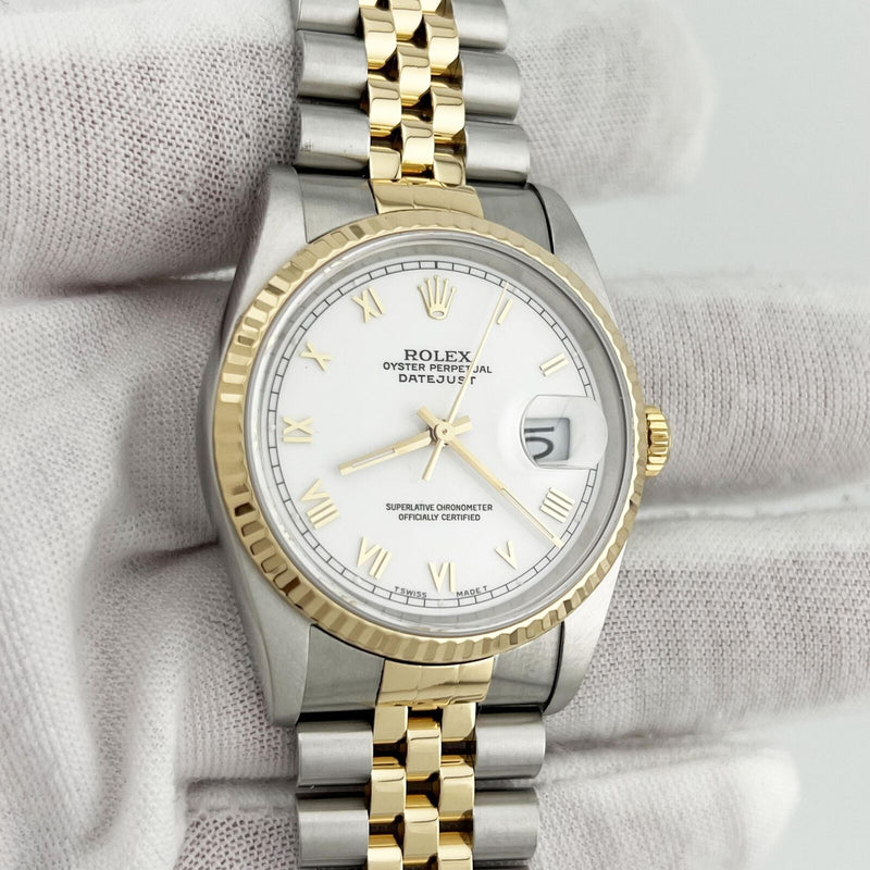 Rolex Datejust 16233 36mm White Roman Dial 18K Yellow Gold Stainless Steel