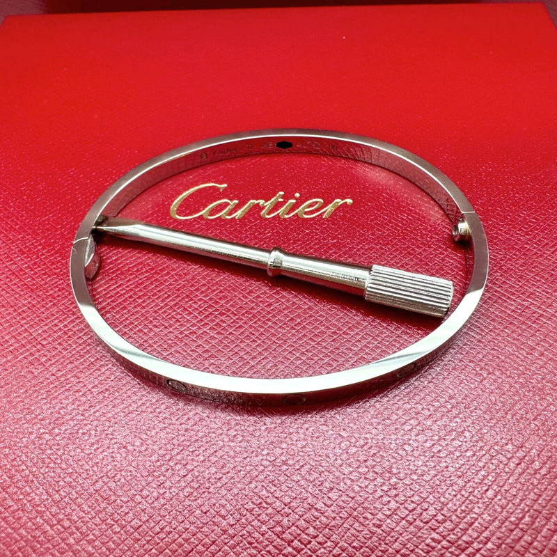 Cartier LOVE Small Model 18kt White Gold Bangle Bracelet Sz 17 Full Set