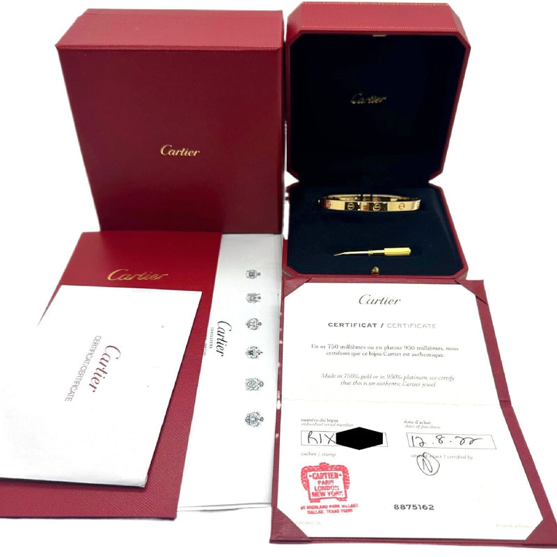 CARTIER LOVE Bracelet 18kt Yellow Gold Full Set Box COA SZ 20