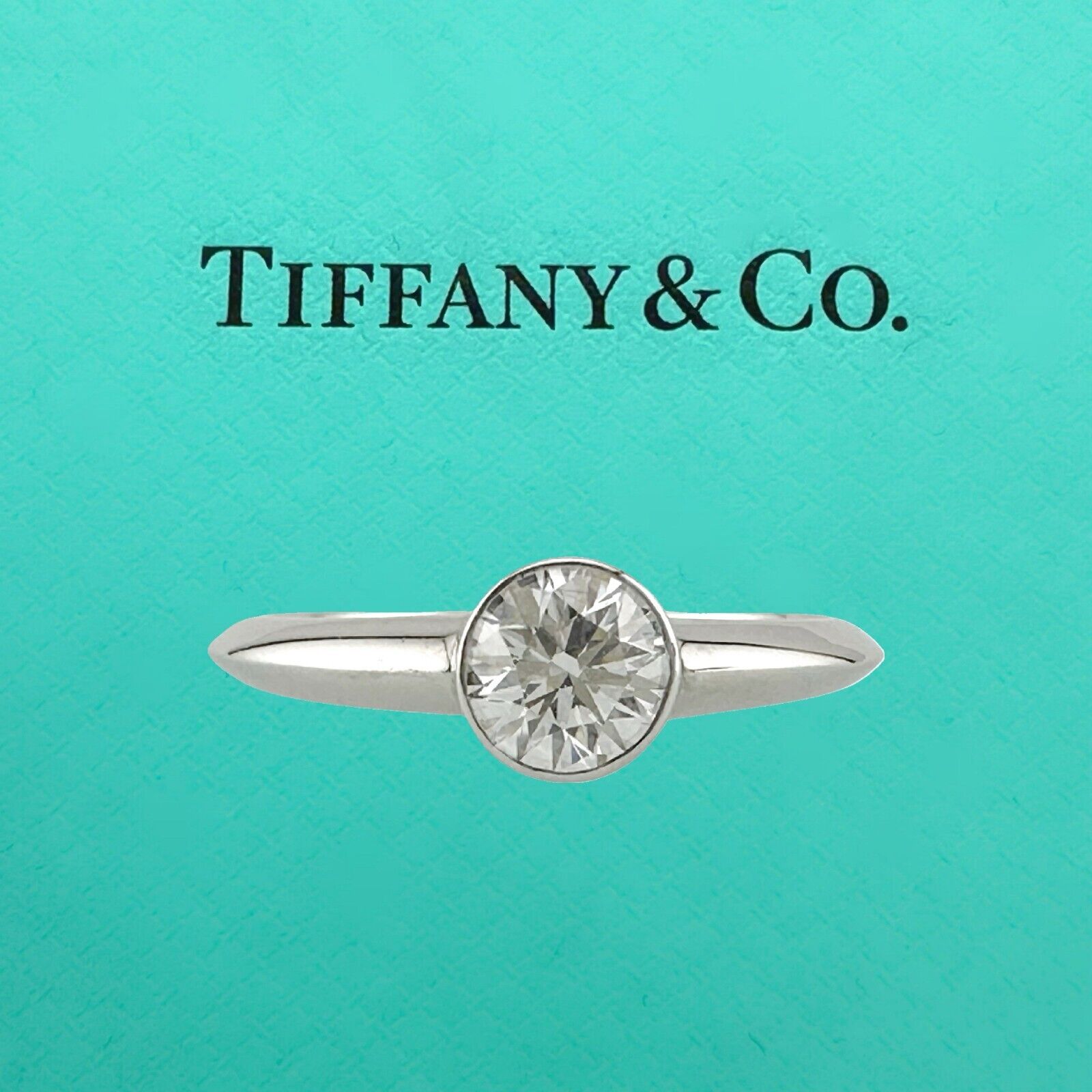 Tiffany Co Platinum Bezet Diamond Engagement Ring Round F