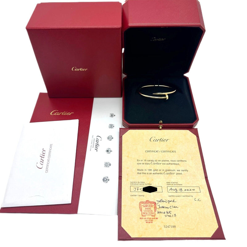 Cartier JUSTE UN CLOU 18kt Yellow Gold 3.6 mm Bracelet SZ 17 Coa Boxes Receipt