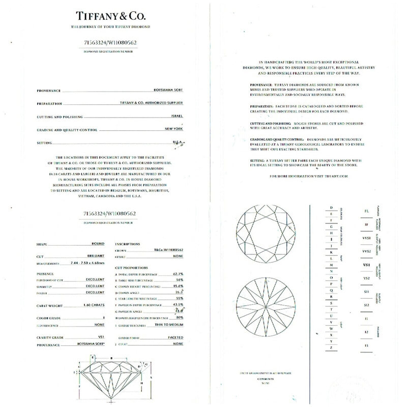 Tiffany & Co Platinum Round Diamond 1.60 cts I VS1 Solitaire Engagement Ring