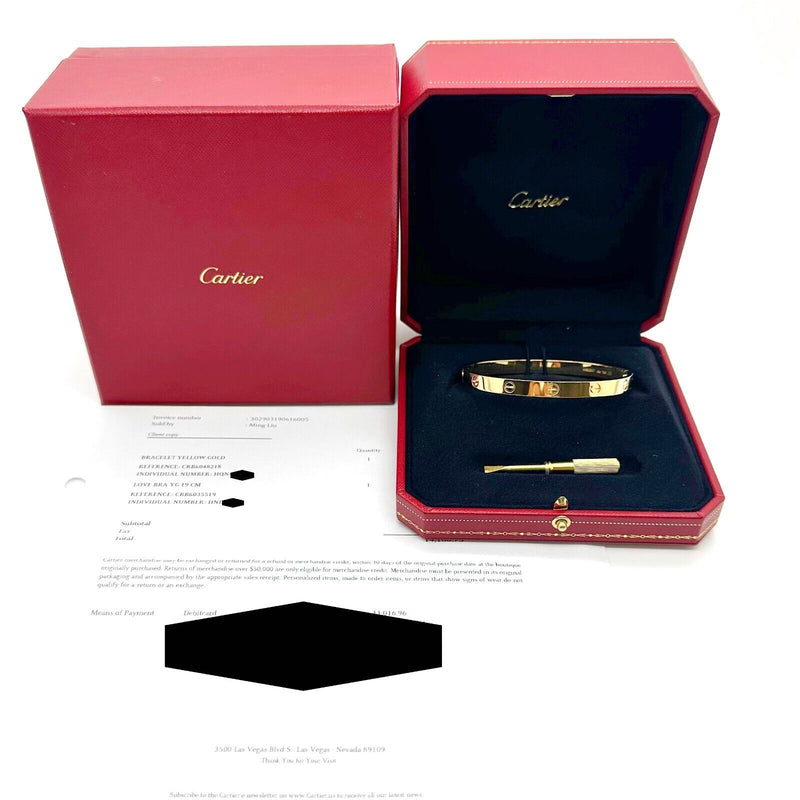 CARTIER LOVE Bracelet 18kt Yellow Gold Full Set Box COA SZ 19