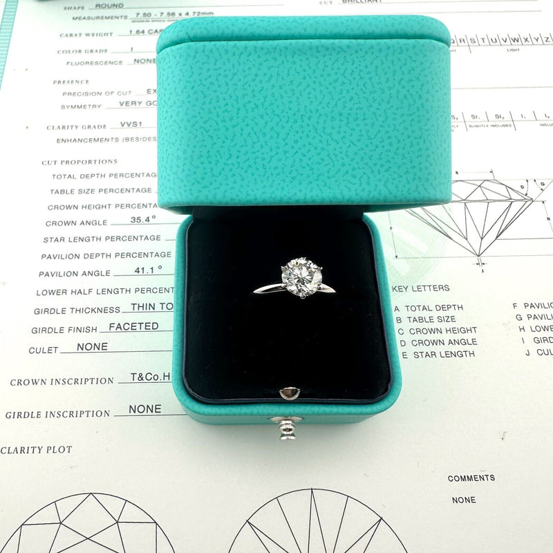 Tiffany & Co Platinum Engagement Ring Round Diamond Solitaire 1.64 cts I VVS1