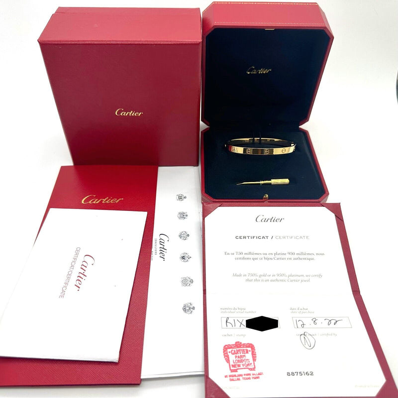 CARTIER LOVE Bracelet 18kt Yellow Gold Full Set Box COA SZ 20