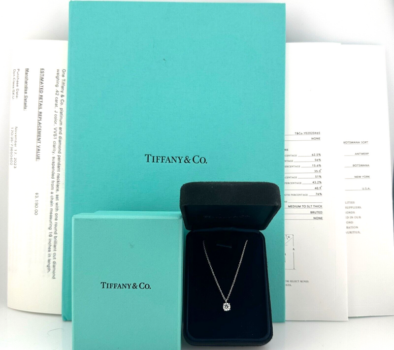 Tiffany & Co Platinum Diamond Pendant Necklace Round 0.42 ct