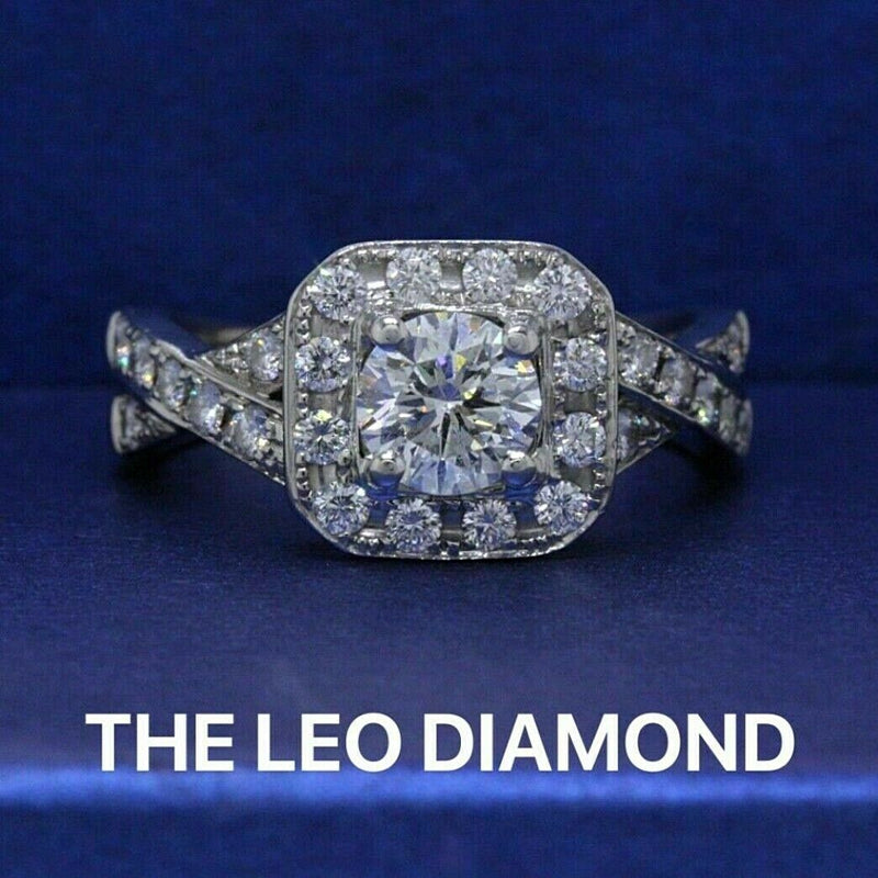 Leo Round Diamond Engagement Ring Halo Twist 1.23 tcw in 14k White Gold