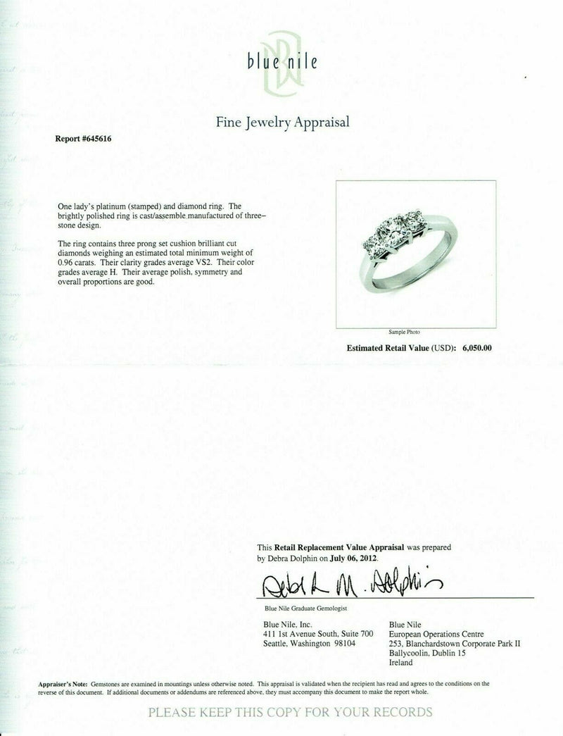 Blue Nile 3 Stone Platinum Diamond Engagement Ring Cushions0.96 tcw $6775 Retail