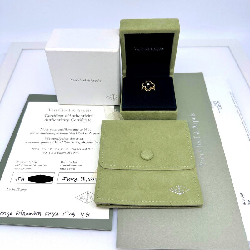 Van Cleef & Arpels Vintage Alhambra Black Onyx and Diamond Ring 18kt YG COA Box