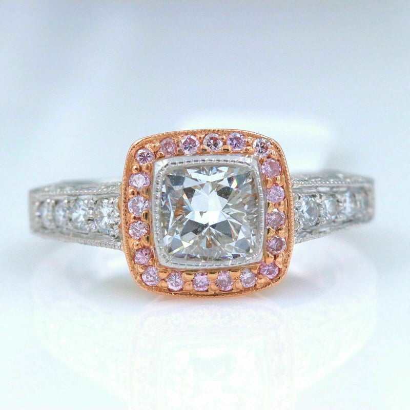 Platinum & Rose Gold Diamond Engagement Ring Cushion & Pink Diamonds 1.50 tcw