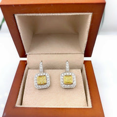 Fancy Yellow Radiant Diamond Bezel Set Halo Earrings 14 kt White Yellow Gold