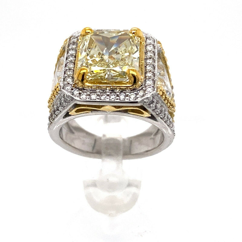 Fancy Yellow Radiant Diamond 5.36 tcw With Trillian Side Stones Engagement Ring