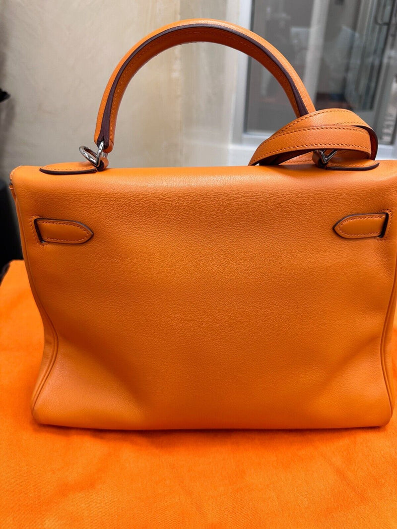 HERMES Kelly Retourne 32 cmm Circa 2005 Orange Veau Swift Palladium Hardware