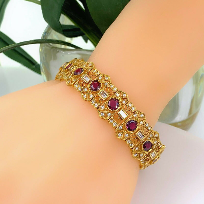 Natural Ruby and Diamond 10.60 TCW Bracelet 18K Yellow Gold