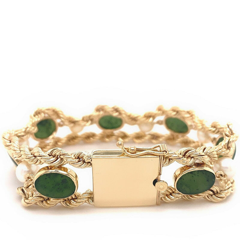 Jade & Pearl Double Rope 14kt Yellow Gold Bracelet