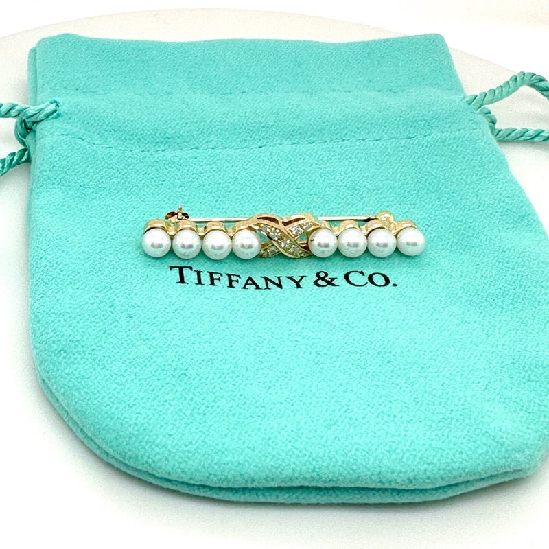 Tiffany & Co. Signature X Diamond & Pearl Brooch in 18kt Yellow Gold