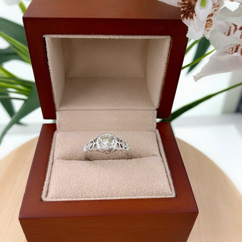 Old European Cut Diamond 0.97 TCW Engagement Ring 18K White Gold Art Deco