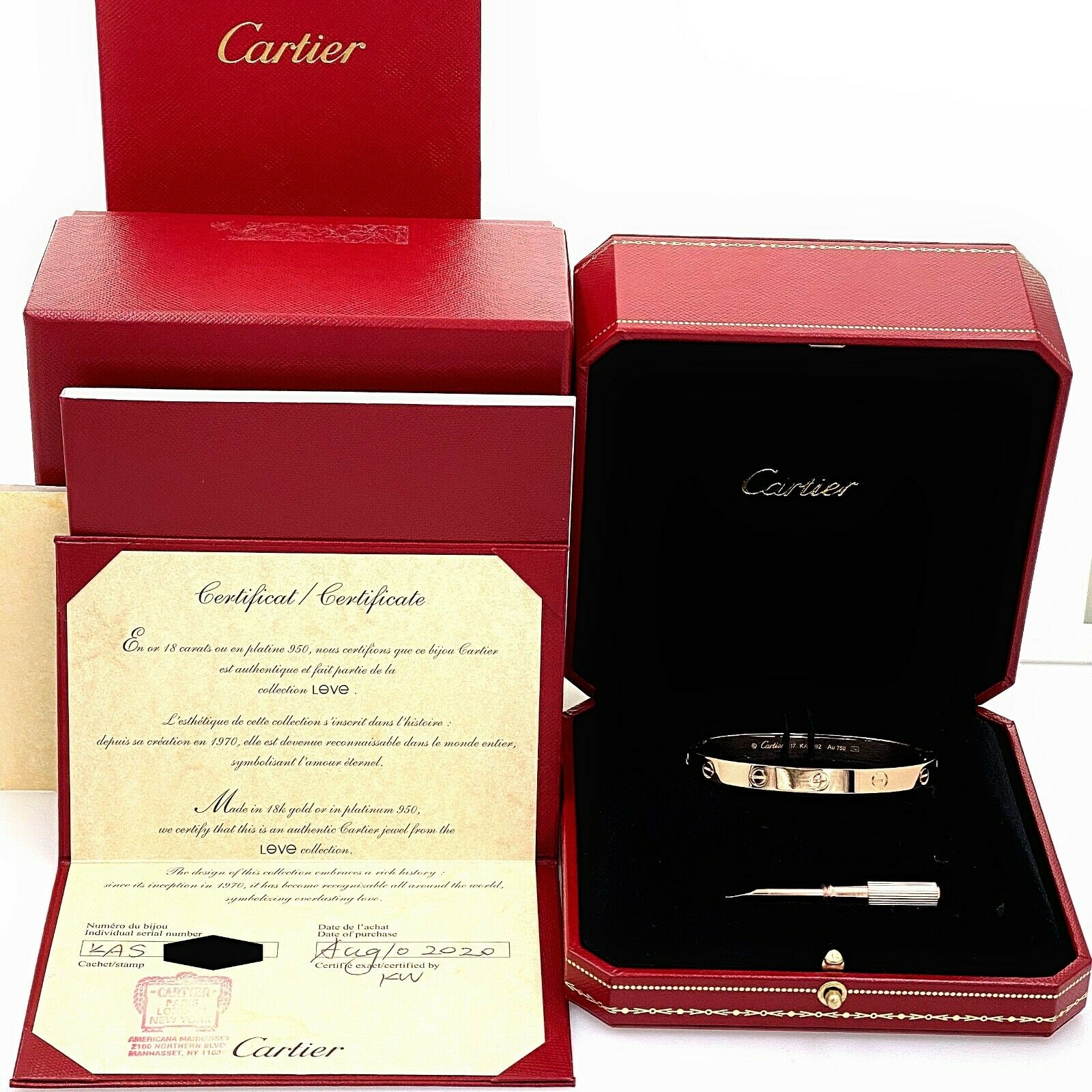 CARTIER Love Bangle Bracelet 18kt Rose Gold SZ 17 Full Set COA Boxes B
