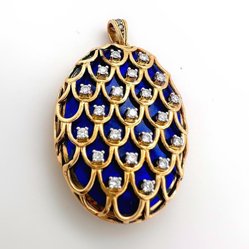 Blue Enamel & Diamonds Locket Pendant in 18kt Yellow Gold