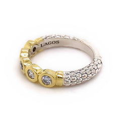 LAGOS 18k Sterling Silver Caviar 5-Diamond Stacking Ring 0.50 tcw