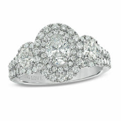 Vera Wang 1 1/2 tcw Three Stone Oval Diamond Halo Engagement Ring 14k White Gold
