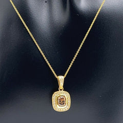 Levian Cushion Fancy Orangy Yellow Halo Pendant Necklace 18kt YG 1.57 tcw