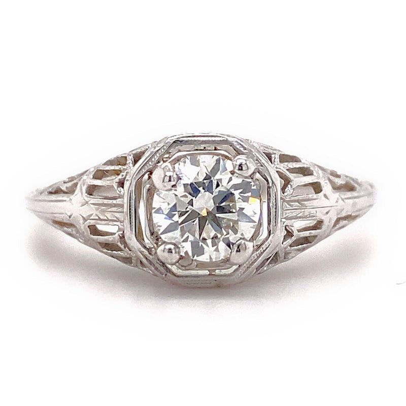 Antique Art Deco Filigree 0.54 cts Round Old Mine Cut Diamond Engagement Ring
