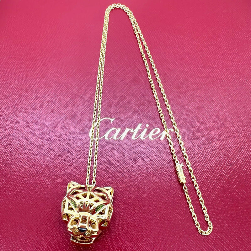 CARTIER Panthere de Cartier 18k YG Tsavorite Garnets Onyx Necklace N7424210 COA