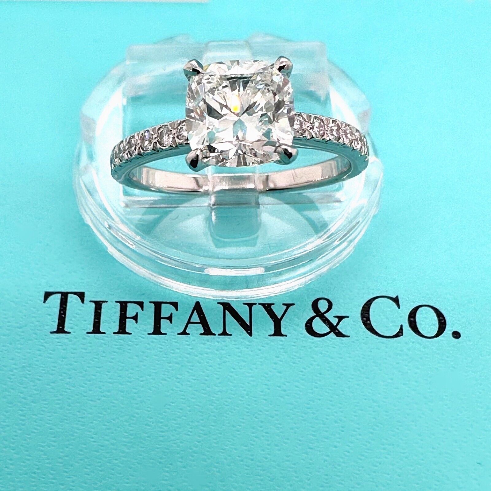 Tiffany Co NOVO tcw Cushion Diamond Eng Ring Pave Diamond
