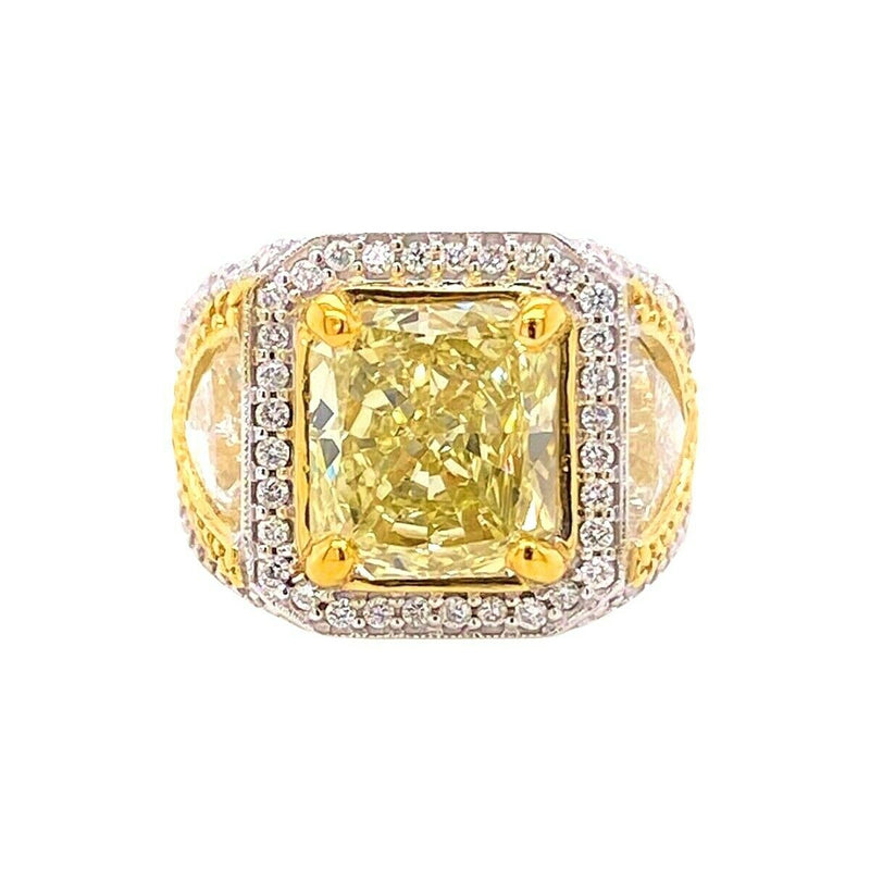 Fancy Yellow Radiant Diamond 5.36 tcw With Trillian Side Stones Engagement Ring