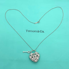 Tiffany & Co.  Large Filigree Heart Key Diamond Pendant Necklace 18kt White Gold