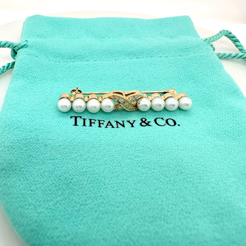 Tiffany & Co. Signature X Diamond & Pearl Brooch in 18kt Yellow Gold