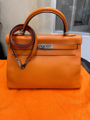 HERMES Kelly Retourne 32 cmm Circa 2005 Orange Veau Swift Palladium Hardware