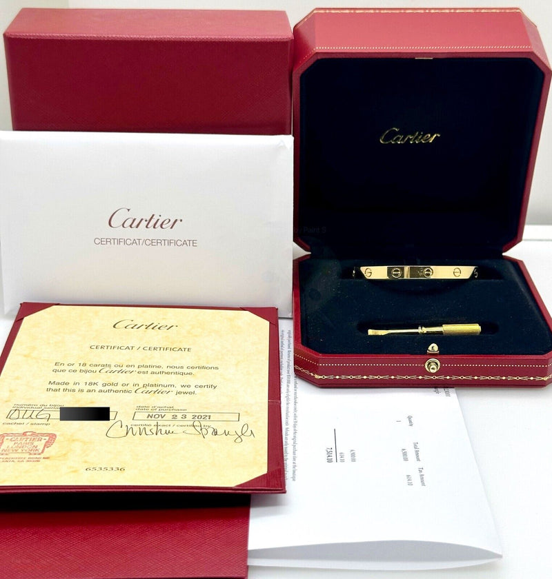 CARTIER LOVE Bracelet 18K Yellow Gold 6.1 MM Full Set COA Boxes SZ 17