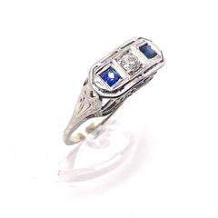 Art Deco Diamond and Synthetic Sapphire 0.45 tcw 14kt White Gold Engagement Ring