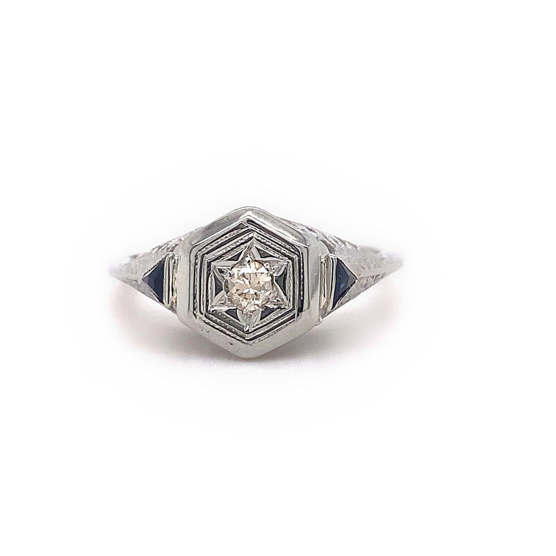 Art Deco Diamond Filigree Ring with Sapphire Trillions 14kt White Gold 0.25 tcw