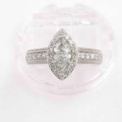 Marquise Diamond Halo Engagement Ring Milgrain Diamond Band 1.00 tcw 14kt WG