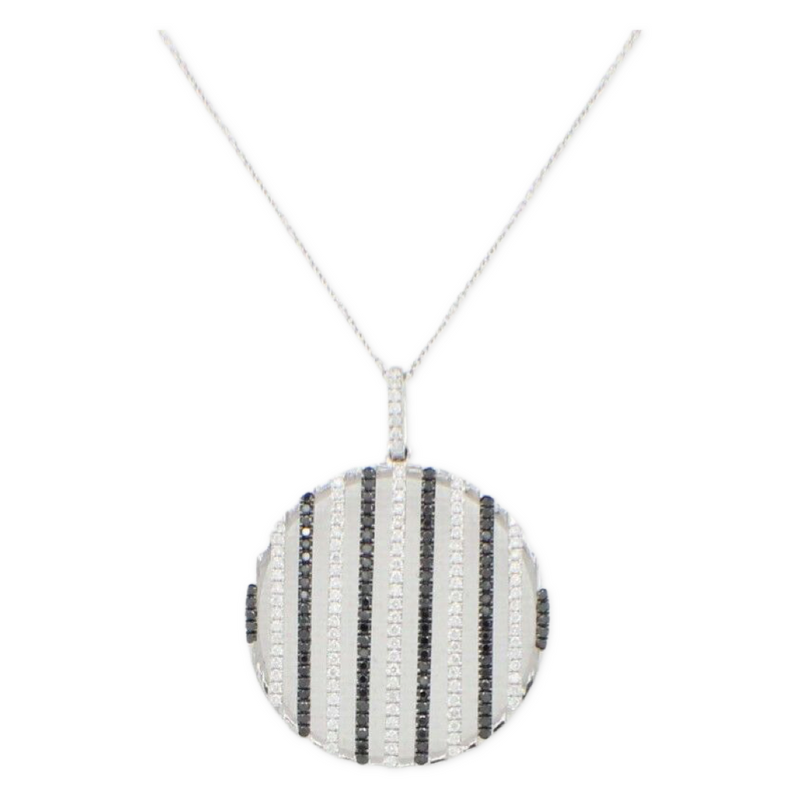 Ladies Black & White Diamond Circle Pendant Necklace 1.05 tcw 14k White Gold