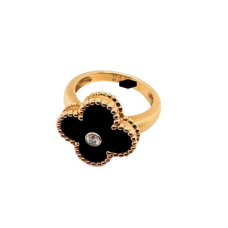 Van Cleef & Arpels Vintage Alhambra Black Onyx and Diamond Ring 18kt YG COA Box