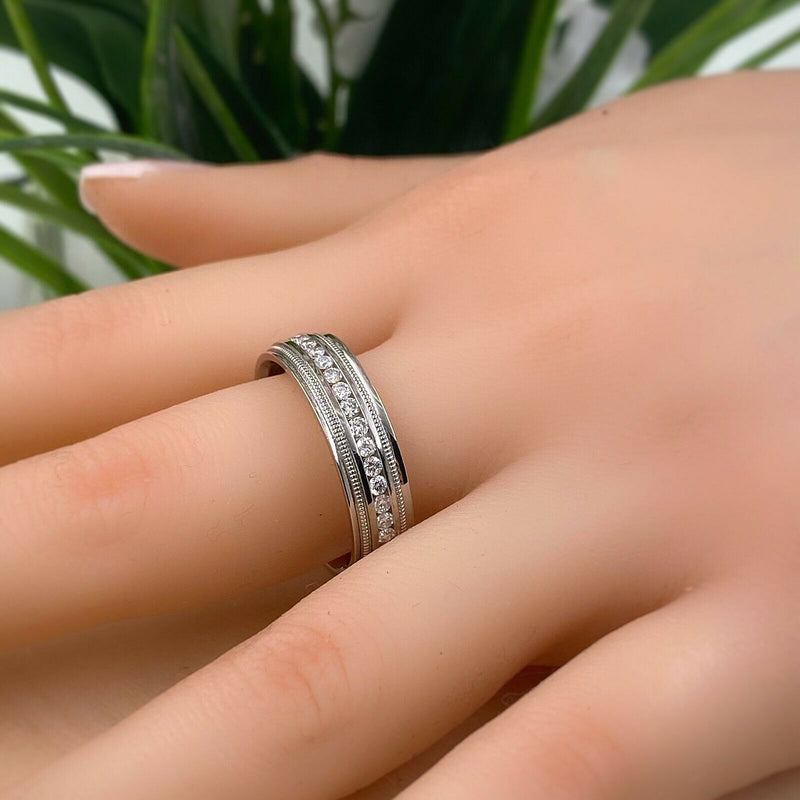 Men's Diamond Eternity Milgrain Detail Wedding Band Ring 6.4 MM 10kt White Gold