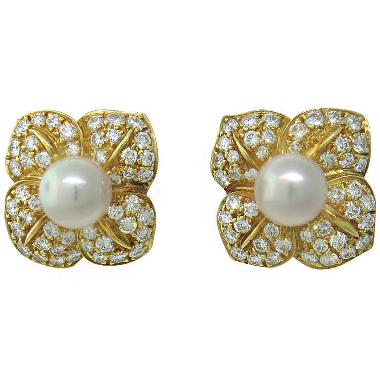 Mikimoto Pave Diamond Pearl Floral Earrings in 18kt Yellow Gold