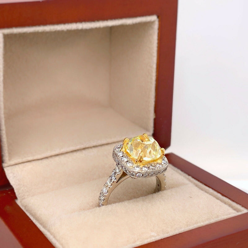 Antique Style Cushion 4.30 ctw Fancy Yellow VVS Diamond Ring 14K White Gold