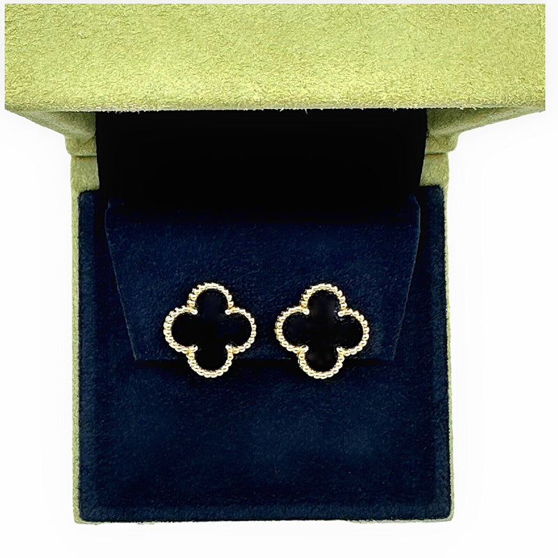 Van Cleef & Arpels Vintage Alhambra Black Onyx 18kt YG Earrings Full Set COA Box